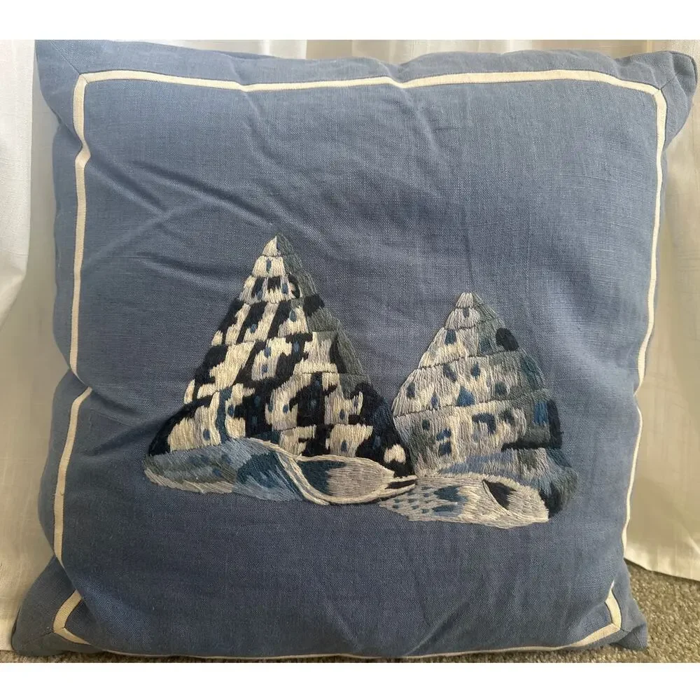 KUK May Embroidered Linen Pillow seashells Nautcial Blue white 20